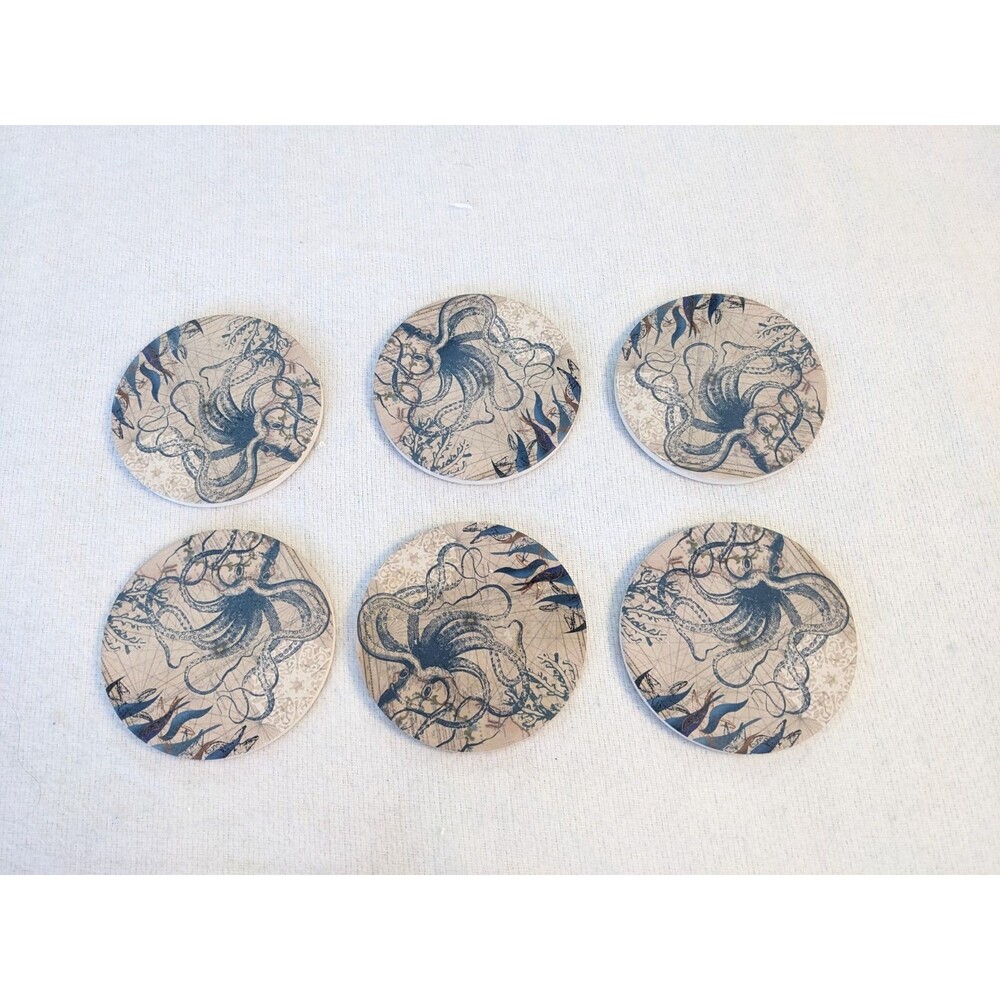 Set Of 6 Non-Slip Octopus Design Coasters Encore Blue And White